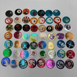 Poison 8-Ball Pogs Vintage Lot 55pc Multicolor Good 90s Milk Caps Skulls Retro